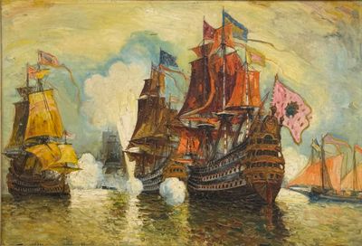 tableau représentant deux bateaux sur un plan d'eau, avec le ciel en arrière-plan