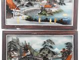 pair of asian paintings of a bridge over a river and a pagoda