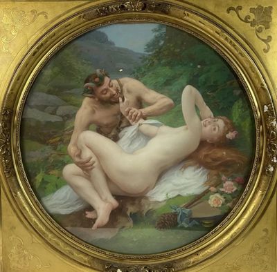 tableau représentant une femme nue allongée sur le dos d'un homme, dans un cadre doré