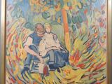 painting of a man sitting on a chair in front of a tree