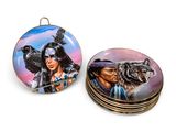 two plates with a picture of a woman and a wolf on them
