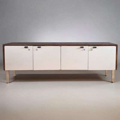 an image of a white and wood sideboard with two drawers