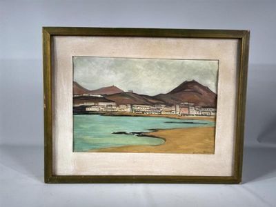 an image of a painting of a view of a beach with mountains in the background