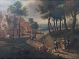 painting of a village scene with figures and horses in a wooded setting