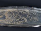 a silver tray with a handle on a black table