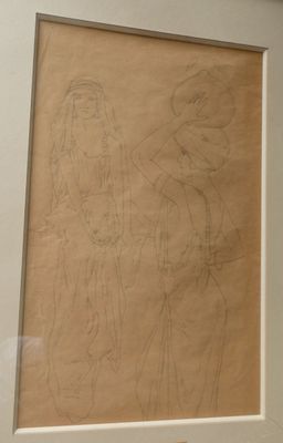 dessin encadré représentant un homme et une femme debout devant un miroir