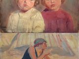 tableau représentant deux enfants sur une plage, en compagnie d'un chat et d'un chien