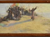 an oil painting of a man standing in front of a group of people