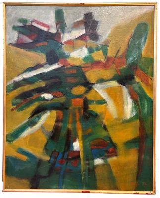 une peinture à l'huile représentant un vase avec des fleurs sur une table