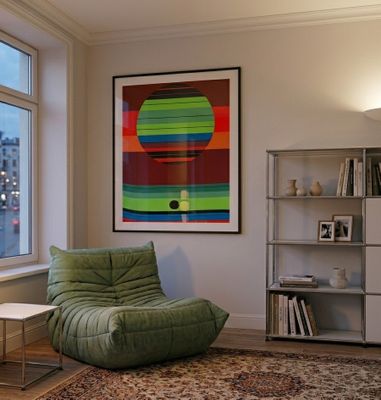 a green bean bag chair in the corner of a living room