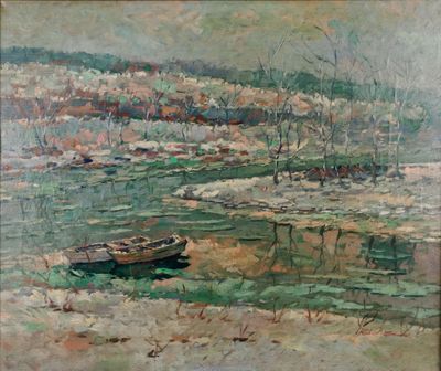 une peinture à l'huile représentant un bateau dans un plan d'eau