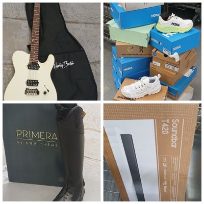 four pictures of a guitar, a pair of boots, a box, and a pair of shoes
