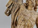 statue of a man holding a bird on his shoulder and a bird on his shoulder