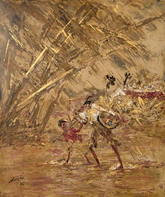 une peinture à l'huile représentant une scène de corrida avec un homme tenant un lasset