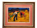 painting of a man with a plow in a field with mountains in the background