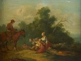 painting of a man and a woman sitting on a horse in a wooded area