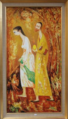 an image of a painting of two women in a yellow dress