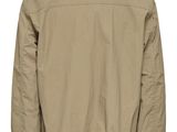 a picture of a beige jacket with a black collar on a white background