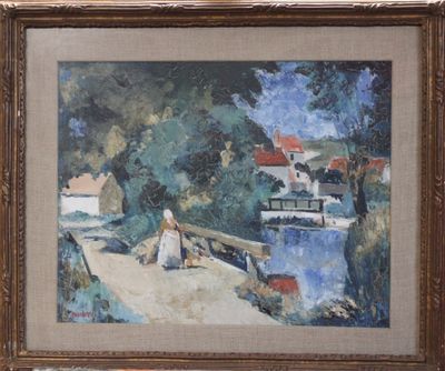 une photo d'un tableau représentant une femme marchant sur un pont