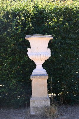 a white vase on a pedestal in front of a hedge