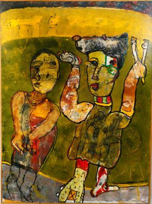 une image représentant un tableau où l'on voit un homme et une femme tenant une batte de baseball