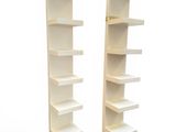 two white bookshelves with shelves on each side of each other