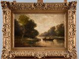 an oil painting of a boat on a river with trees in the background