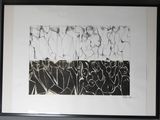 a black and white drawing of a group of people on a wall
