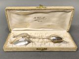 silver plated spoon and spoon rest in a case on a table