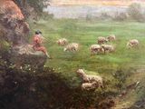 a painting of a man in a red coat with sheep in a field