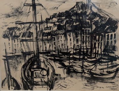 un dessin en noir et blanc représentant des bateaux dans un port