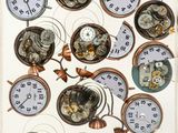 a picture of a display of different clocks on a wall