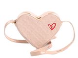 a white heart shaped bag with a red heart on it