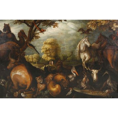 une image représentant un tableau où l'on voit des animaux et des oiseaux dans une zone boisée