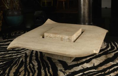 un tapis à motif zébré posé au sol, à côté d'une table basse