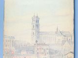 an old drawing of a city with a clock tower in the background