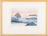 an image of a watercolor painting of a sunset over a body of water