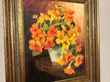 an oil painting of a vase of flowers on a table