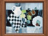 une peinture de fleurs dans un vase sur une table