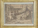 a drawing of a man and woman in a bed with a dog