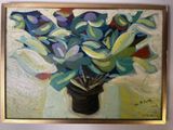 a painting of flowers in a vase on the wall
