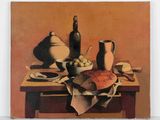 un tableau représentant une table sur laquelle se trouvent un vase, un bol et d'autres objets