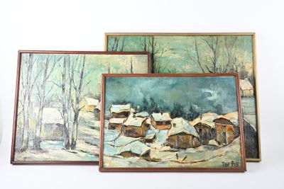 trois tableaux représentant un village en hiver, avec de la neige au sol
