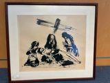 an image of a drawing of a man kneeling on the ground next to a cross
