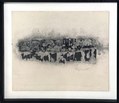 drawing of a herd of cattle standing in a line in front of a white background