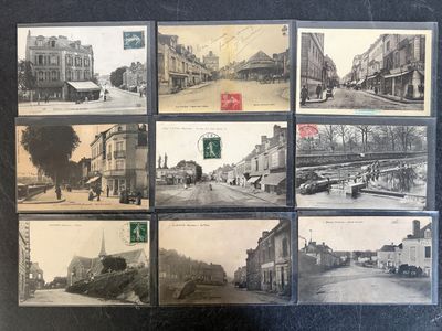 several old black and white photos of a street and buildings