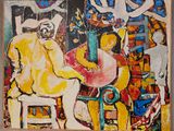 un tableau représentant un homme et une femme assis sur une chaise