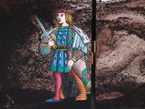 a picture of a stained glass window with a man holding a sword