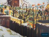 painting of a street scene with a fence and a building in the background