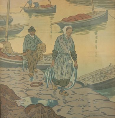 un tableau représentant un homme et une femme marchant sur la plage